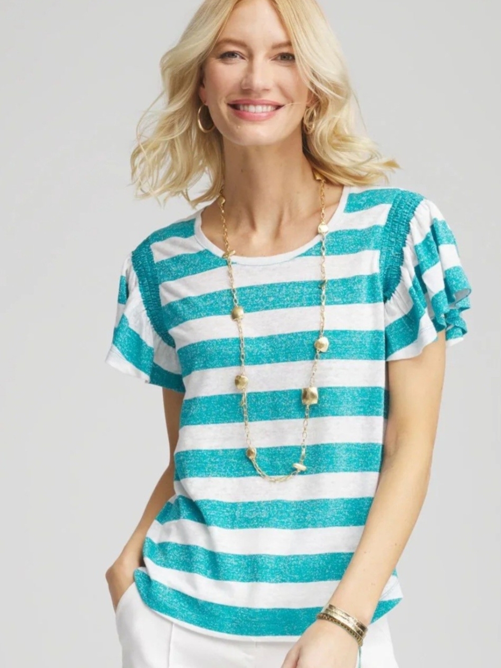 Chico's Teal and White Striped Short-Sleeve Tee